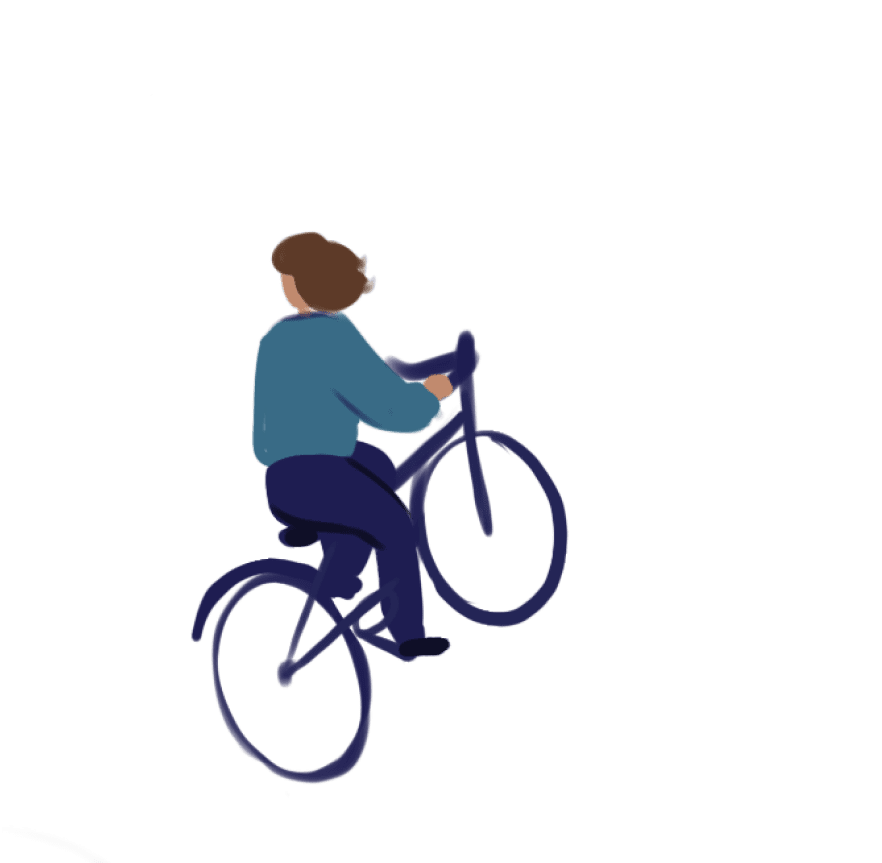 an illustrated man rides his bike around a flower-dotted park and beneath birds