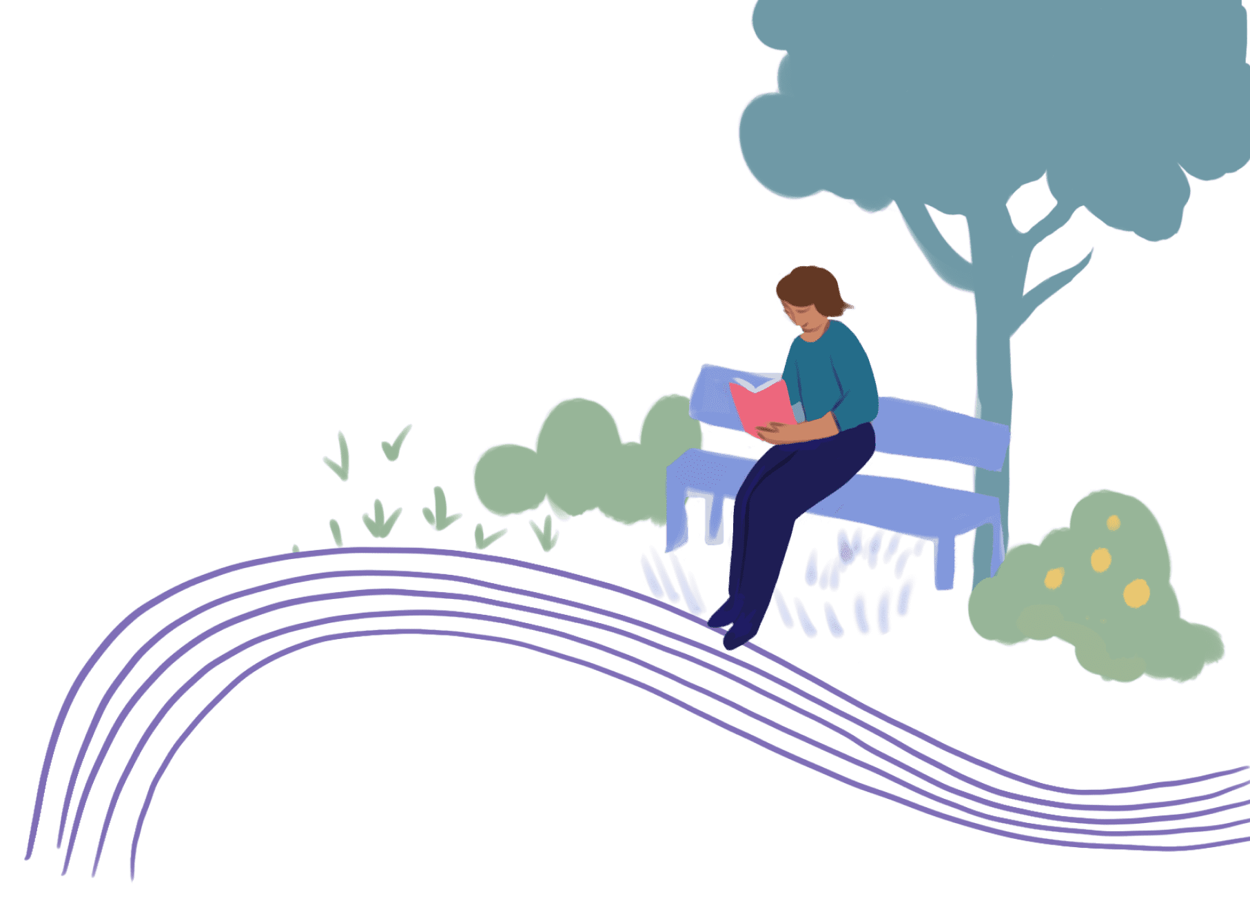 An illustrated woman sitting on a park bench beneath a tree, reading